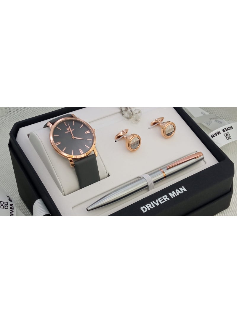 طقم رجالي من الستانلس ستيل مكون من ساعة وسبحة وقلم وازرار اكمام القمصان